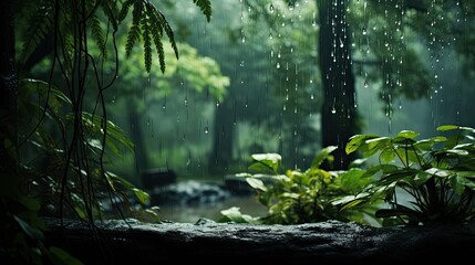 Rain in the Park, Wet Tree Branches and Leaves, Green Landscape on a Rainy Day, Nature Background, Natural Beauty Wallpaper, Outdoor Travel Hiking Camping Backdrop Concept - obrazy, fototapety, plakaty