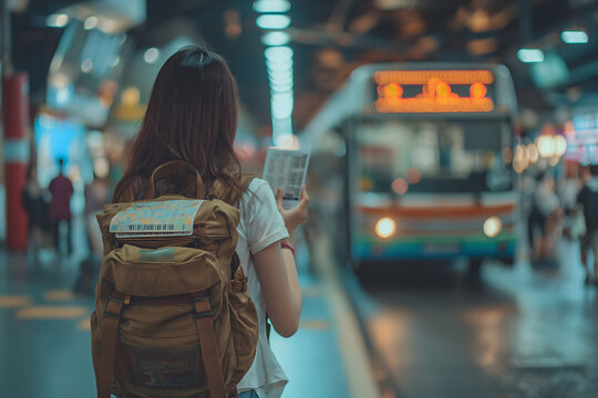 Sustainable tourism reduces global warming and saves money, traveling by bus, using a smartphone to book travel tickets online, Asian female tourist holding a travel ticket and a backpack