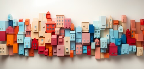 Top view of toy building blocks creating a cityscape on a soft coral backdrop, ready for your urban-inspired text