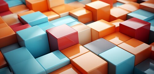 Top-down perspective of a mix of colorful building blocks forming an abstract pattern, with open space for text on a pastel orange surface