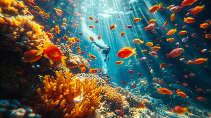 Fototapeta na wymiar Scuba diver swims in the sea with fishes. Underwater photography