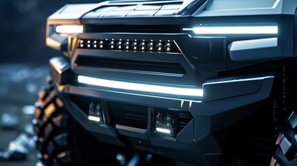A closeup of a rugged and powerful trucks illuminated grille with bold and bright white lights...