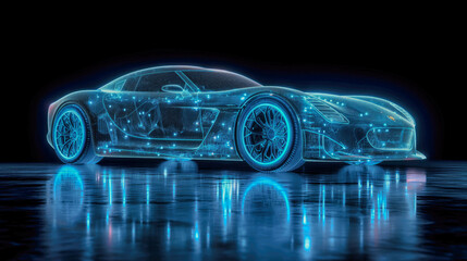 Modern high-tech transparent glowing car electric car translucent with current energy electricity