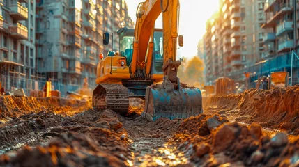 Foto op Canvas Excavator working on a construction site. Heavy duty construction equipment © Aliaksandra