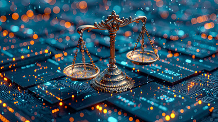 Scales of justice on abstract background with futuristic digital bokeh lights - obrazy, fototapety, plakaty