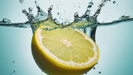 sliced lemon splashing in fresh water. fresh fruit concept.