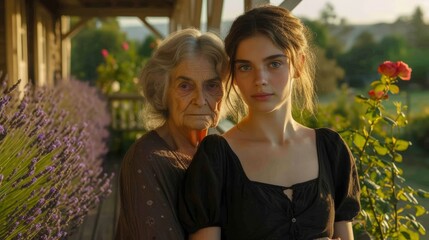 Obraz premium An old woman and a young woman standing together in a garden