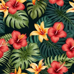 Elegancja Tropików: Wzór z Kwiatami Tropikalnymi, Wzór z Kwiatami Tropikalnymi - obrazy, fototapety, plakaty