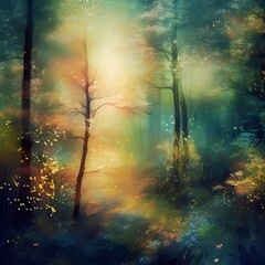 Digital painting of a fantasy forest with trees in the light of the sun