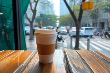 Point of view of coffee plastic cup on the wooden table, beside the window. - obrazy, fototapety, plakaty