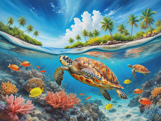 A painting of a turtle swimming in the ocean with fish and corals around it