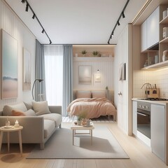 Fototapeta na wymiar This Scandinavian-style studio apartment features a spacious living room, kitchen, and bed, all beautifully decorated in light pastel colors.