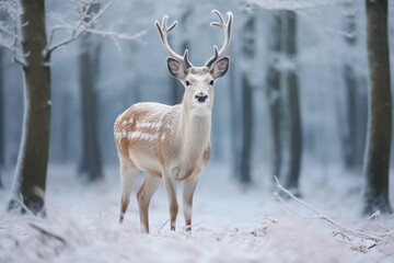 Portrait of beautiful white fallow deer in winter time