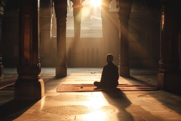 person is silhouetted against the backdrop of sunbeams filtering through the architectural elements of the temple - obrazy, fototapety, plakaty