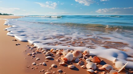 Fototapeta na wymiar Wavy seashore sand texture with small pebbles and shells