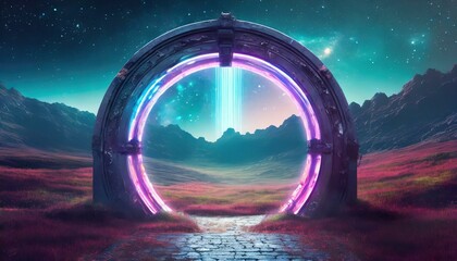 Neon Nexus: A Gateway to Another Realm Amidst a Kaleidoscope of Blinded Landscapes"