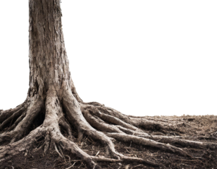 Close up of a root of tree on ground white background no shadow and copy space for text