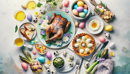 A top-down view of an Italian Easter brunch, featuring lamb, Easter bread with colored eggs, artichokes, ricotta tart, and festive decorations