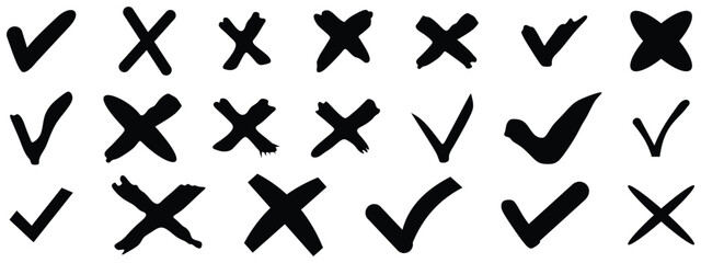 Hand drawn grunge checkmark cross sign. Doodle check marks answers in test, confirmation, negation icons. Checklist marks template, voting set. Vector flat illustration isolated on white. - obrazy, fototapety, plakaty
