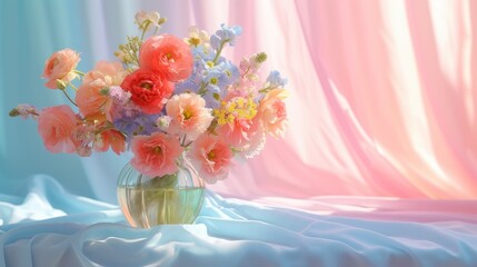A beautiful bouquet of flowers in a glass vase sits on a table with a pink and blue background.