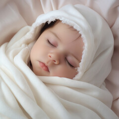 a close-up shot of a sleeping baby wrapped snugly in a white blanket. Generative AI.