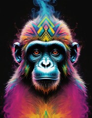Minimalist neon line logo head of monkey with smoke effects