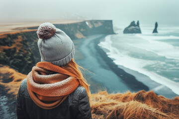 Wanderlust explorer discovering Icelandic. Tired woman traveler in mountains.