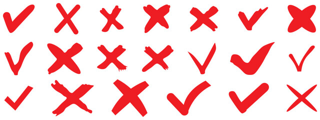 Set hand drawn red checkmark and cross appears. Illustration isolated on white background. - obrazy, fototapety, plakaty