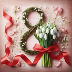 March 8 concept. Women's Day. Greeting card. Number 8, snowdrops with red ribbon