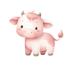 cow isolated on white, watercolor cute cow , cow cartoon, pink cow, illustration for children