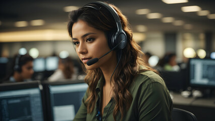 Dedicated female call center operator wearing headset working on computer in call center office.