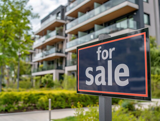 Modern luxury apartment house with a "for sale" sign, real estate advertising