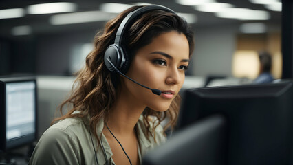 Dedicated female call center operator wearing headset working on computer in call center office. - obrazy, fototapety, plakaty