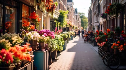 Fototapeta na wymiar Street view with flowers in Amsterdam, Netherlands