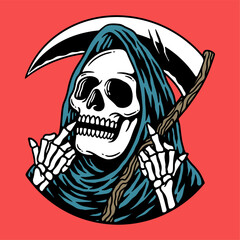 vector skull grim reapper illustration with two middle fingers