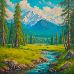 An oil painting of pines and mountain stream