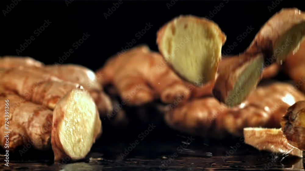 Wall mural pieces of fresh ginger fall on the table. filmed on a high-speed camera at 1000 fps. high quality fu