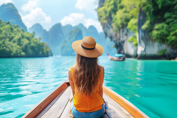 Young woman is sitting on a boat while tour, Khao Sok National Park, Thailand.