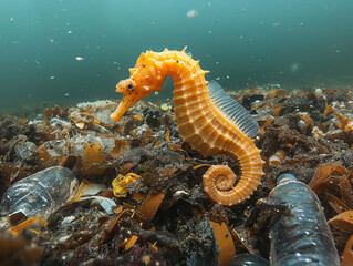 Seahorse underwater with plastic waste garbage swimming in a polluted ocean water close up