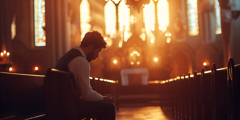 Lonely and hopeless man sitting sad in beautiful church, hope concept. - obrazy, fototapety, plakaty