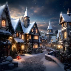 Fototapeten Digital painting of a winter village at night with snow covered houses. © Iman
