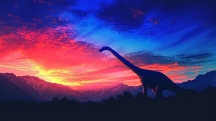 A brachiosaurus majestically silhouetted against a stunning alpine sunset the sky painted in vibrant hues.