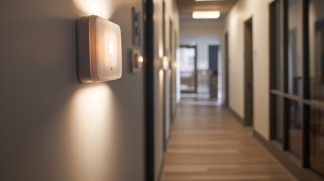 A motion detector in a hallway triggering lights to turn on only when someone walks by helping to conserve energy in lowtraffic areas.