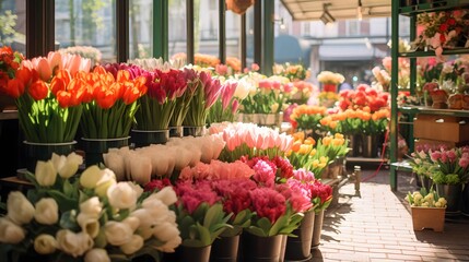 Fototapeta na wymiar Bouquets of tulips for sale in a flower shop