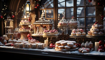 Beautiful Christmas sweets on display at a shop window in Paris, France - obrazy, fototapety, plakaty
