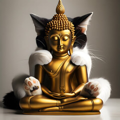 a white and black cat sitting behind a golden Buddha statue, playfully using its two front feet to cover the face of the statue