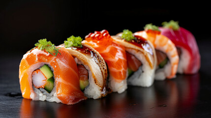 Japanese sushi food. Maki and rolls with tuna, salmon, and.
