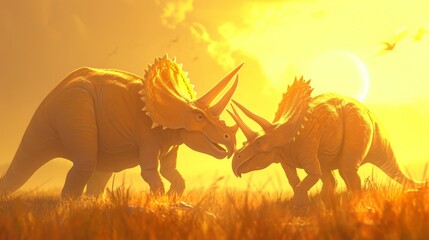 A pair of Triceratops share a tender moment their golden horns illuminated by the gentle rays of the setting sun.