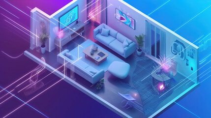 Smart home isometric illustration, modern technology house concept controlled via mobile app - obrazy, fototapety, plakaty