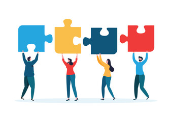 People collaborate to connect large puzzle pieces, Teamwork connection successful together concept. The Big jigsaw puzzle	
